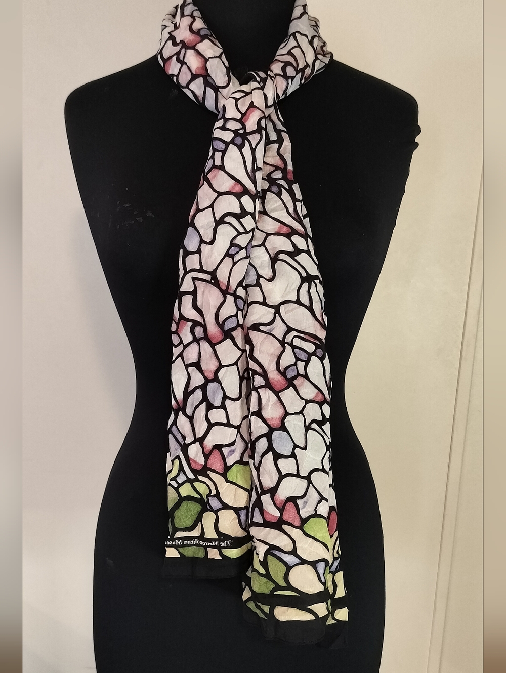 Abstract Mosaic Lightweight Scarf in White, Pink & Green